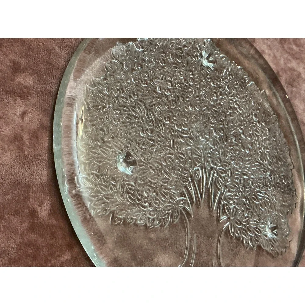 Vintage Clear Glass Tree of Life Round Serving Platter Trivet 7.5 Inch